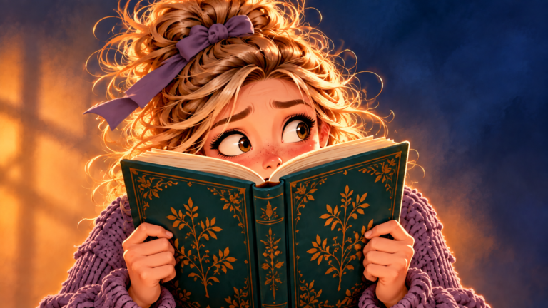 Gespannen vrouw met paarse trui en haarlint kijkt met grote ogen over haar boek.