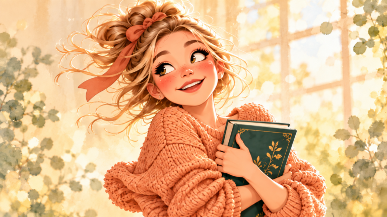Blije vrouw met oranje trui en haarlint houdt een boek vast.