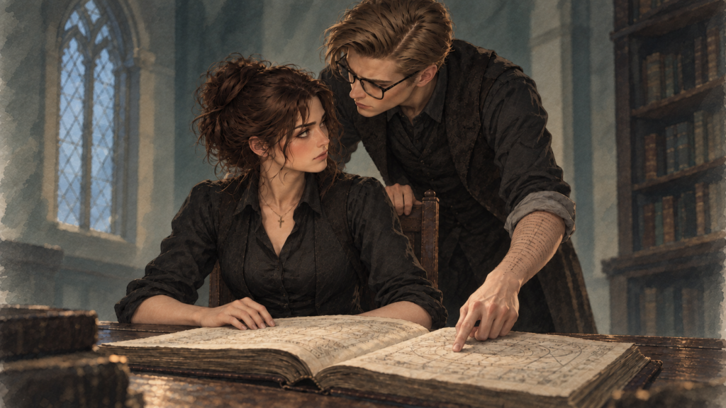 Thea bestudeert een oud manuscript terwijl Wesley dicht achter haar iets op de pagina aanwijst