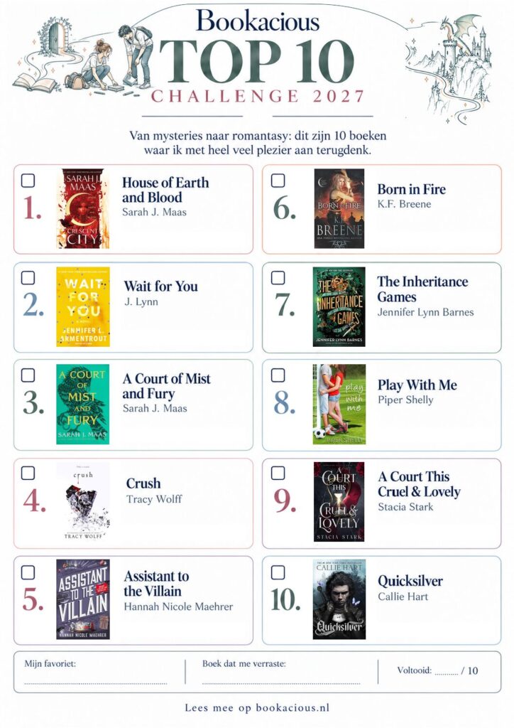 Voorbeeld van de Bookacious Top 10 Challenge 2027 met tien echte boekcovers en een geïllustreerde leesreis